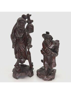 Vintage Chinese Export Hand Carved Wood Fisherman Farmer Figurines Glass Eyes